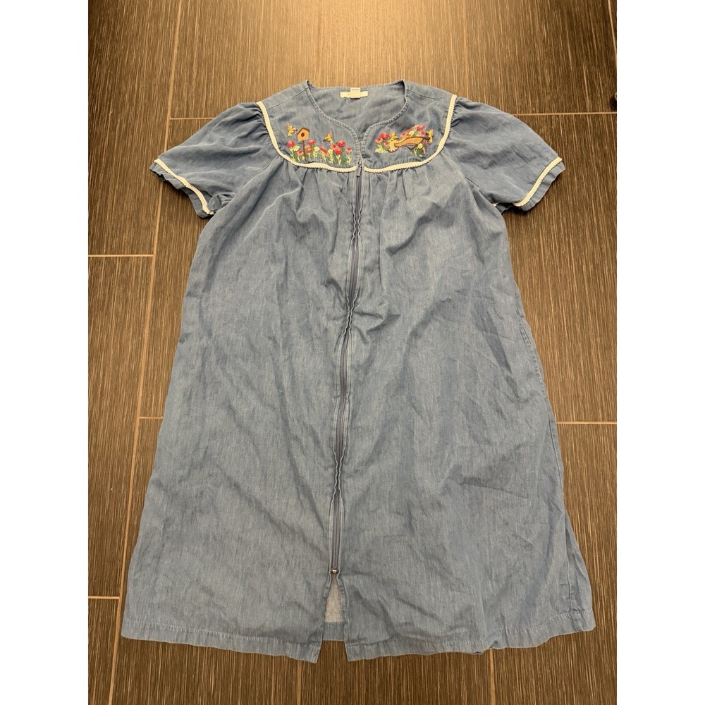 Go Softly Patio Denim Chambray Full zip Mu Mu Dress Embroidered Pockets Sz L